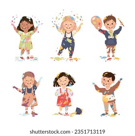 Little Boy and Girl Smeared in Paints Holding Artist Brush Vector Illustration Set