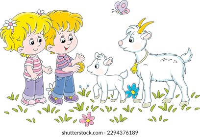 Little boy and girl smiling and treating a cute small goatling with a tasty cookie in a flower field on summer vacation, vector cartoon illustration isolated on a white background