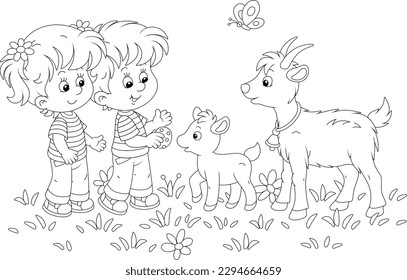 Little boy and girl smiling and treating a cute small goatling with a tasty cookie in a flower field on summer vacation, black and white outline vector cartoon illustration for a coloring book