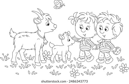 Little boy and girl smiling and treating a cute small goatling with a tasty cookie in a flower field on summer vacation, black and white outline vector cartoon illustration for a coloring book