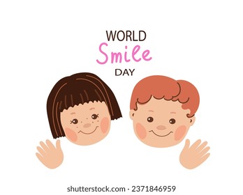 Little boy and girl smiling. World smile day horizontal banner.Vector doodle cartoon illustration.