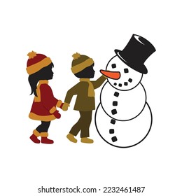 little boy, girl and snowman