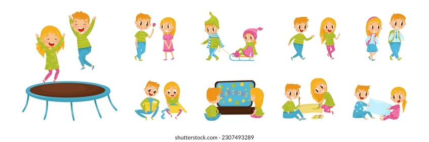 Little Boy and Girl Spending Time Together Vector Illustration Set