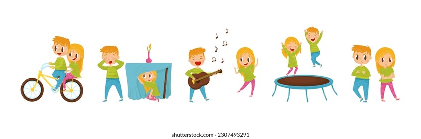 Little Boy and Girl Spending Time Together Vector Illustration Set