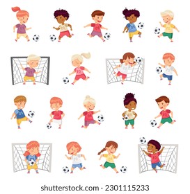 Little Boy and Girl in Sports Shirt and Shorts Playing Football Kicking Ball and Scoring Goal Big Vector Set