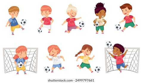 Little Boy and Girl in Sports Shirt and Shorts Playing Football Kicking Ball and Scoring Goal Vector Set