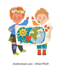 Little Boy and Girl Spotted with Paints Holding Placard with Earth Planet Vector Illustration