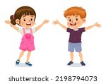 Little boy and girl stand holding their hands up and smiling together. Vector illustration. Isolated on white background