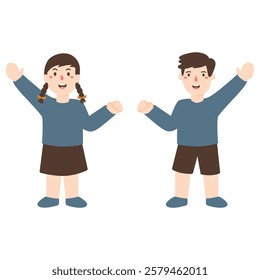 Little boy and girl stand holding their hands up