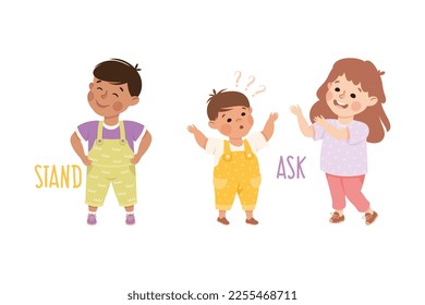 Little Boy and Girl Standing and Asking Question Demonstrating Vocabulary and Verb Studying Vector Set