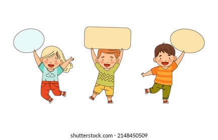 Little Boy and Girl Standing and Holding Empty Plaque Vector Illustration Set