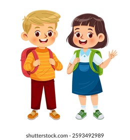 Little boy and girl standing side by side, both smiling cheerfully while carrying backpacks. Vector illustration