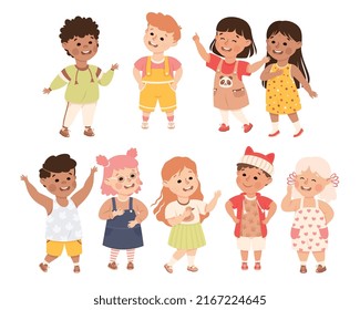 Little Boy and Girl Standing and Talking to Each Other Engaged in Friendly Communication Vector Set