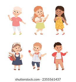 Little Boy and Girl Standing and Talking to Each Other Engaged in Friendly Communication Vector Set