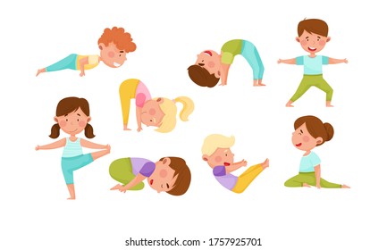 Little Boy and Girl Standing in Yoga Pose Breathing Deeply Vector Illustrations Set