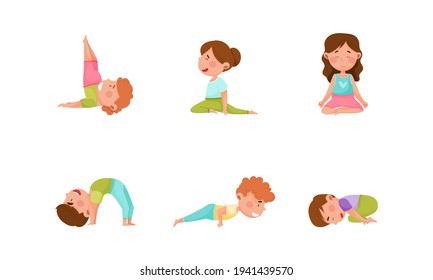 Little Boy and Girl Standing in Yoga Pose Breathing Deeply Vector Illustrations Set