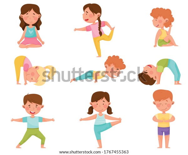 Little Boy Girl Standing Yoga Pose Stock Vector (Royalty Free) 1767455363