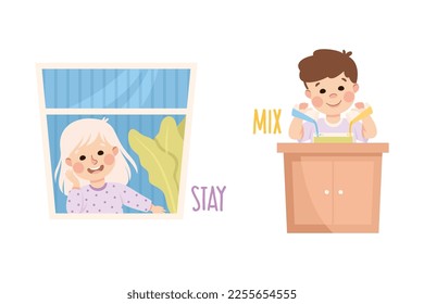 Little Boy and Girl Staying Home and Mixing Demonstrating Vocabulary and Verb Studying Vector Set