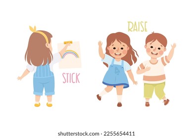 Little Boy and Girl Sticking Picture and Raising Hand Demonstrating Vocabulary and Verb Studying Vector Set