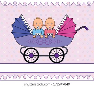 Little boy and girl in a stroller for twins, pink and blue with lace