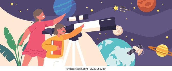 Estudio de Astronomía para Niñas y Niños Pequeños. Niños curiosos miran en el telescopio, personajes infantiles observan el cielo con la luna, las estrellas, la vía láctea y el satélite en el espacio. Ilustración de vectores de personas de caricatura