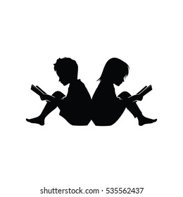 Little Boy And Girl Study Read Book Silhouette Illustration