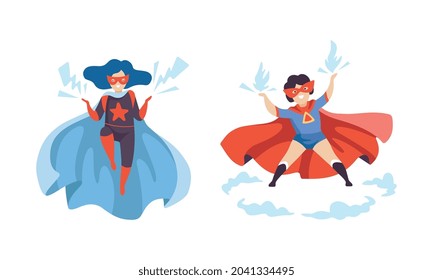 Little Boy And Girl In Superhero Cloak And Mask Having Superpower Flying Vector Set