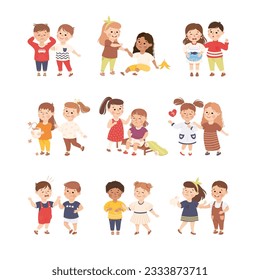 Little Boy and Girl Supporting and Comforting Crying Friend Vector Set
