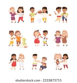 Little Boy and Girl Supporting and Comforting Crying Friend Vector Set