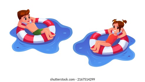 Little boy and girl is swimming on the pool ring isolated on a white background. Vector cartoon character. 