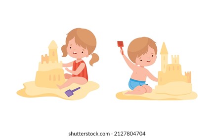 Little Boy and Girl in Swimsuit Building Sand Castle Vector Set