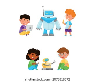 Niña y niñita en ingeniería de mesa y configuración de vectores robóticos