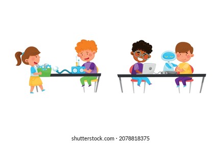 Little Boy and Girl bei Table Engineering und Konfiguration von Robot Vector Set