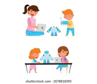 Little Boy and Girl at Table Engineering and Configurating Robot with Laptop Vector Set