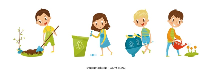 Little Boy and Girl Taking Care of Nature and Planet Vector Illustration Set