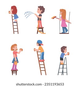 Little Boy and Girl Taking Care of Planet with Sponge and Water Vector Illustration Set