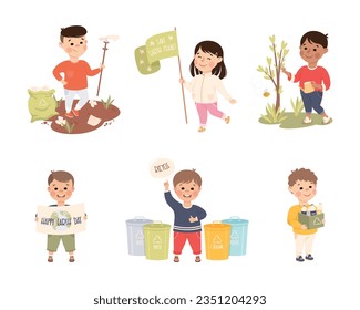 Little Boy and Girl Taking Care of Planet Earth Vector Illustration Set