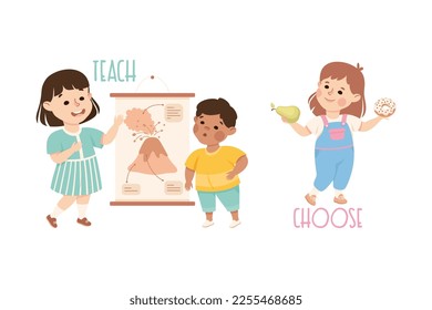 Little Boy and Girl Teaching and Choosing Demonstrating Vocabulary and Verb Vector Set