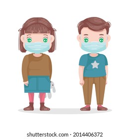 little boy and little girl three to five year olds. full body kindergarten cartoon character of male and female. red hair caucasian kids. Covid-19 prevention concept.