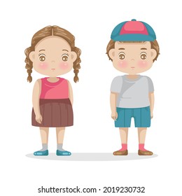 little boy and little girl three to five year olds. full body kindergarten cartoon character of male and female. brown hair asian kids.