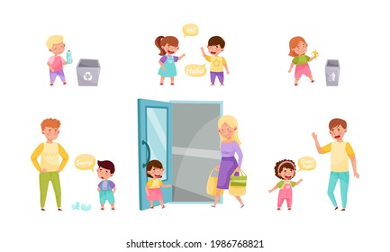 Little Boy and Girl Throwing Trash in Dustbin, Apologizing and Greeting Vector Illustration Set