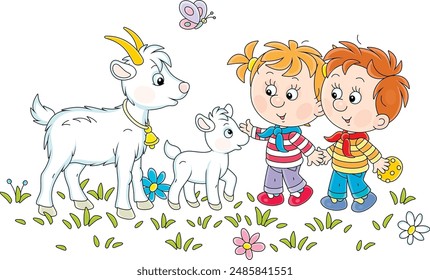 Little boy and girl treating a cute small goatling with a tasty cookie in a flower field on a summer vacation, vector cartoon illustration isolated on a white background