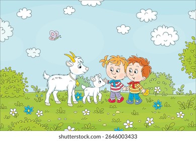 Little boy and girl treating a cute small goatling to a tasty cookie in a flower green field on fun summer vacations, vector cartoon illustration