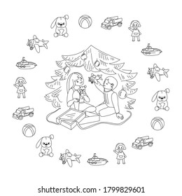 Little Boy And Girl Under The Christmas Tree Pulling Presents From The Box. Round Frame Made Of Toys.Car, Plane, Doll, Rabbit, Boat, Ball. Outline Vector Illustration. Coloring Book Page.