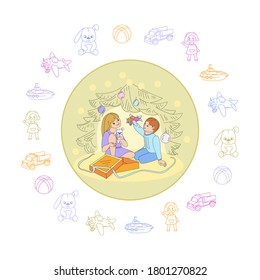 Little Boy And Girl Under The Christmas Tree Pulling Presents From The Box. Round Frame Made Of Toys.Car, Plane, Doll, Rabbit, Boat, Ball. Vector Illustration. 