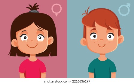 
Personajes de dibujos animados de niños y niñas. Retrato de dos niños de diferente sexo sonriendo
