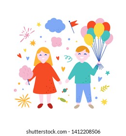 Little boy and girl vector illustration. Happy children holding balloons and cotton candy. Cute amusement park concept