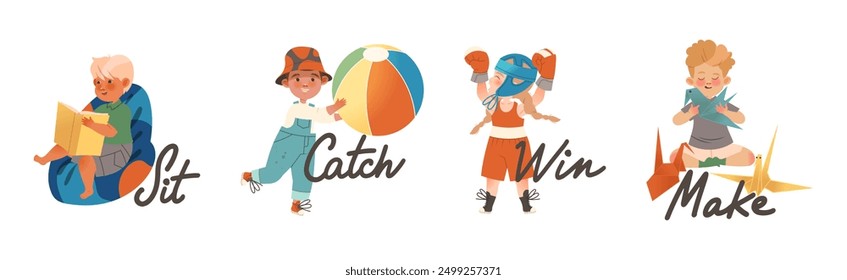 Little Boy and Girl Verb Expressing Action for Kids Education Vector Illustration Set