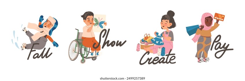 Little Boy and Girl Verb Expressing Action for Kids Education Vector Illustration Set