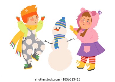 Little Boy and Girl in Warm Clothing Building Snowman Vector Illustration